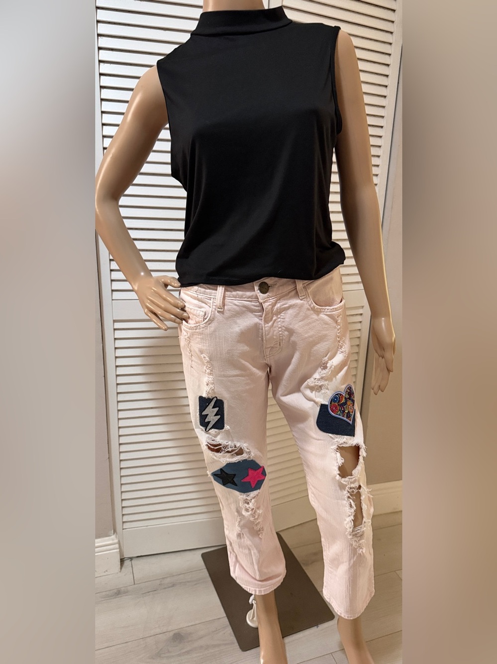 Current/Elliott Pink Destroy Boyfriend Jeans Customized Patch Distressed Denim